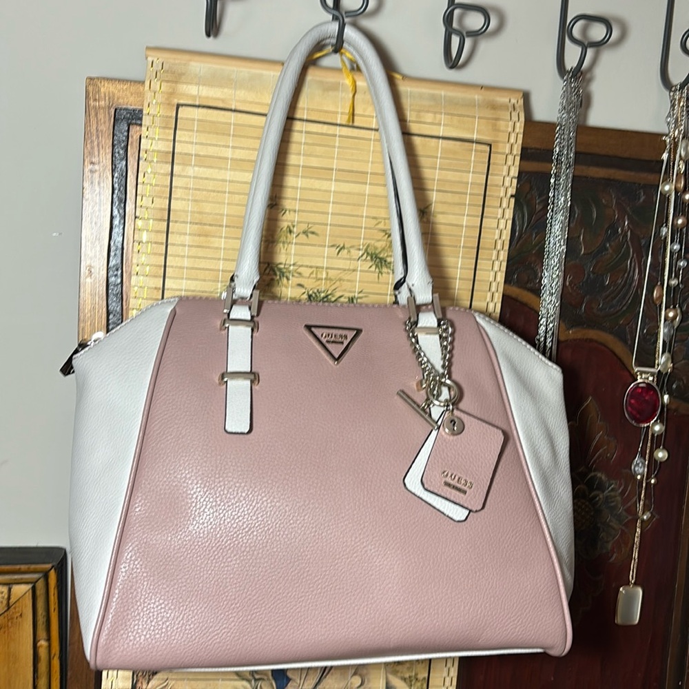 Guess Two-Tone Pink and White Women's Bag 13”Lx10.5”Hx7”W w Silver Bag Charm GUC